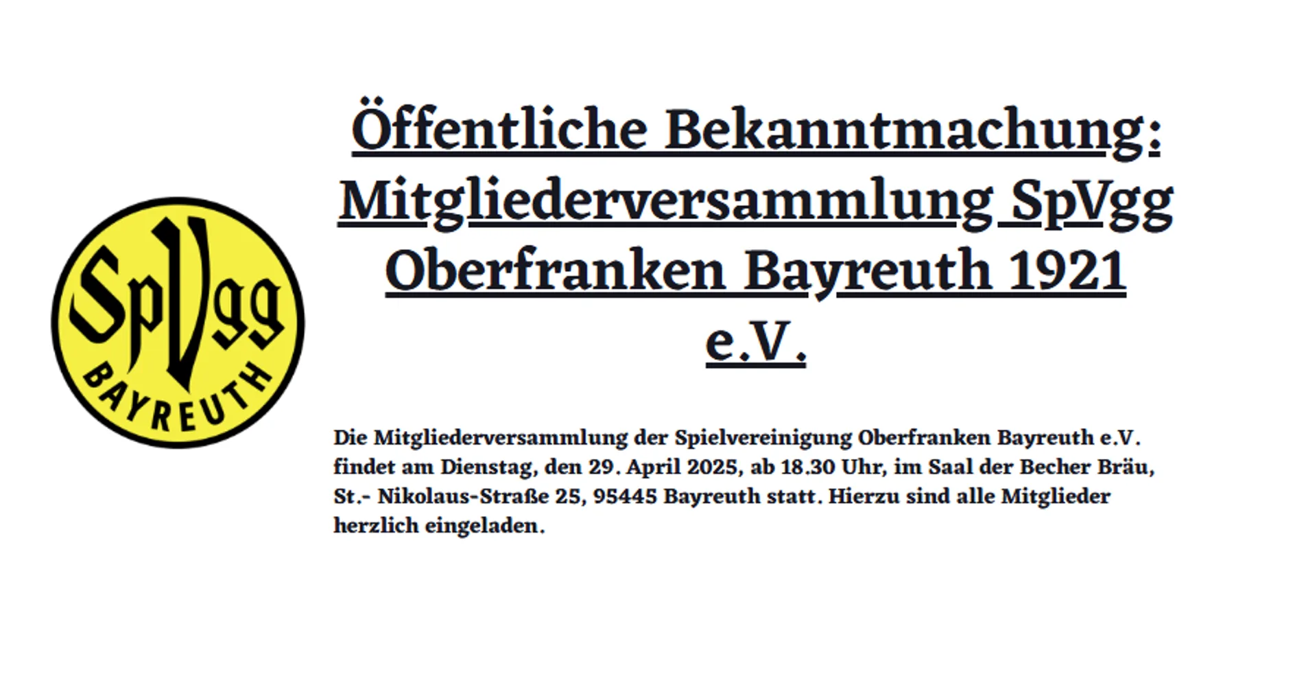 Öffentliche Bekanntmachung: Mitgliederversammlung SpVgg Oberfranken Bayreuth 1921 e.V.